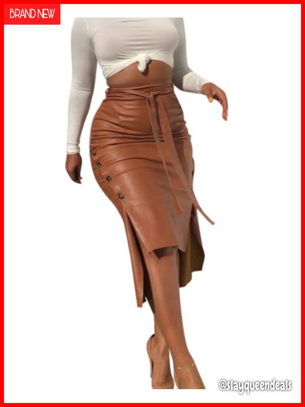 Faux Leather Belted High Waisted Pencil Skirt Side Split Bodycon Midi